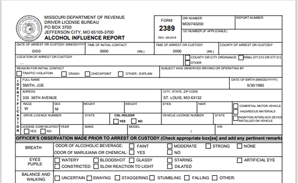 Alcohol Influence Report Form