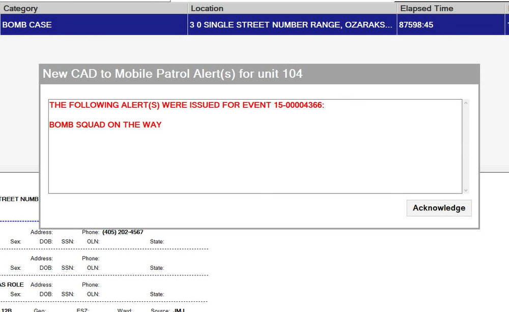 Mobile Patrol Alert from CAD