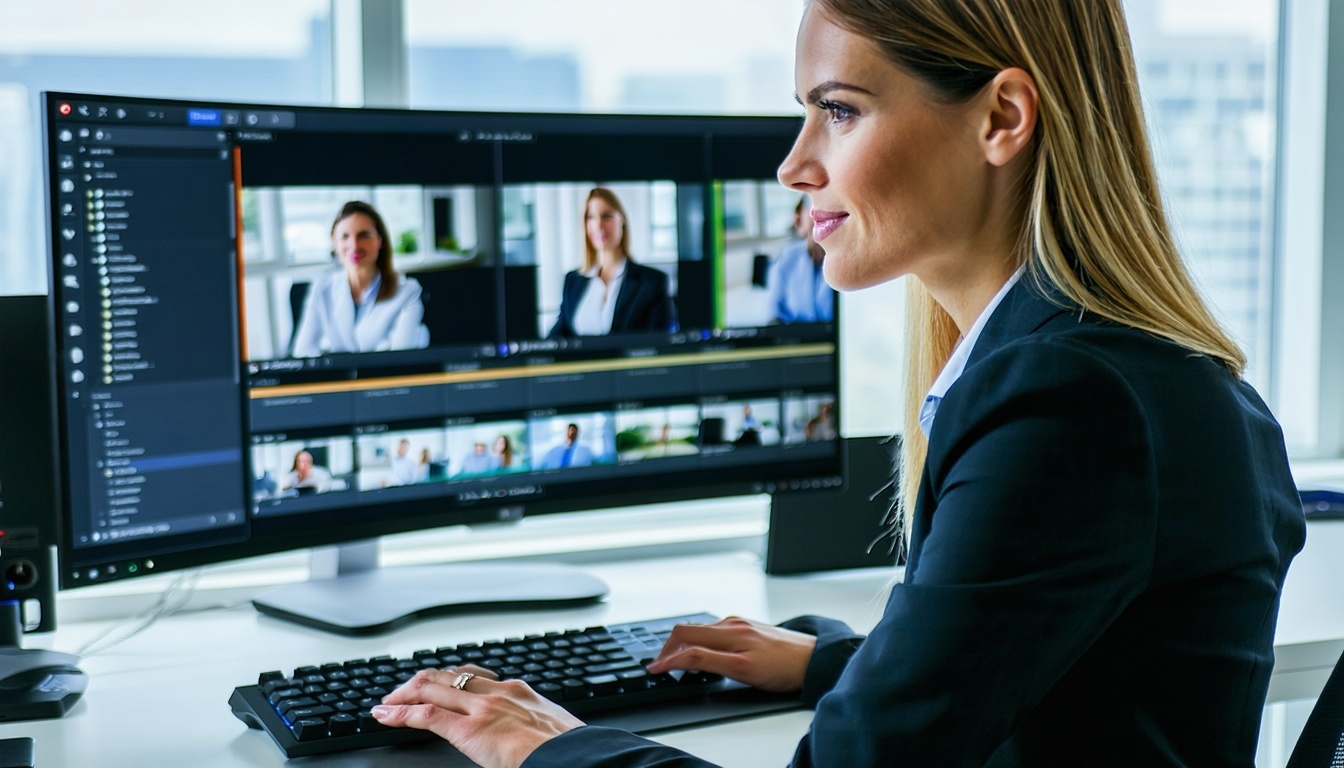 A Woman in business clothes using a computer to automatically transcribe video and audio files to create searchable text Quickly locate key statements actions or timestamps using keyword searchno need to manually review footage